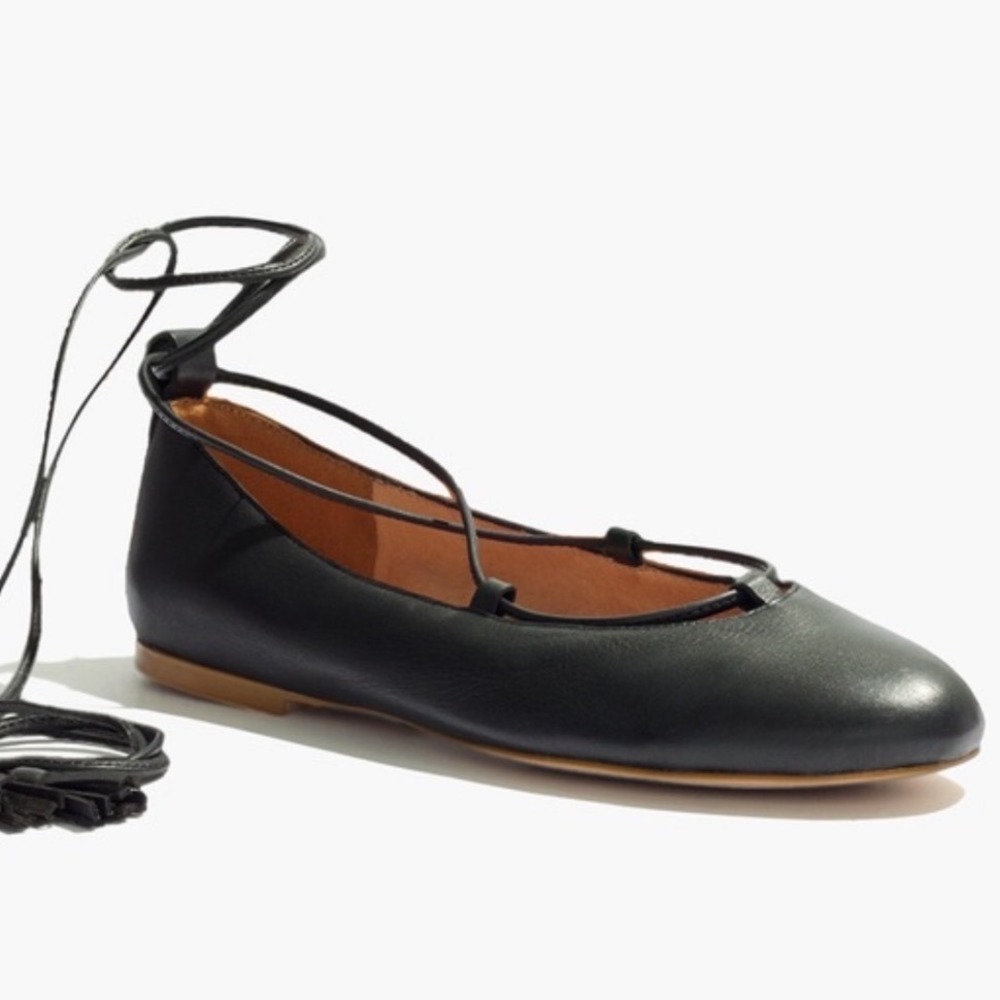 Madewell Vintage Y2K Black Leather Lace Up Ballet Flats Women's Size 9.5